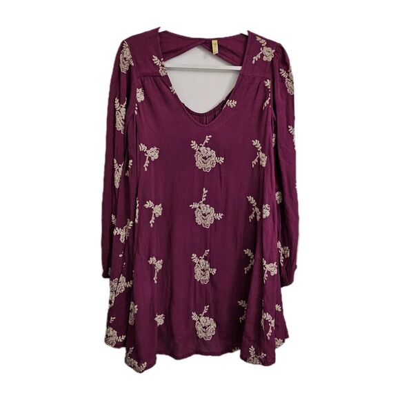 Free People Dress Small Purple Emma Austin Floral Embroidered Tunic Swing Boho - Picture 1 of 11